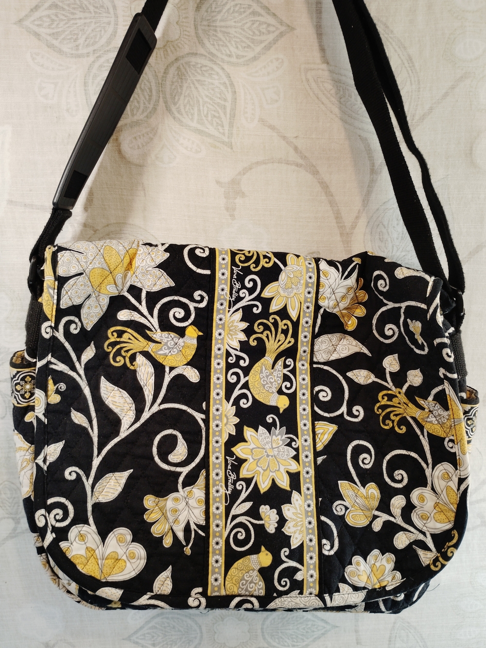 Vera Bradley Black, Yellow and Cream Quilted Floral Crossbody/ Messenger Bag